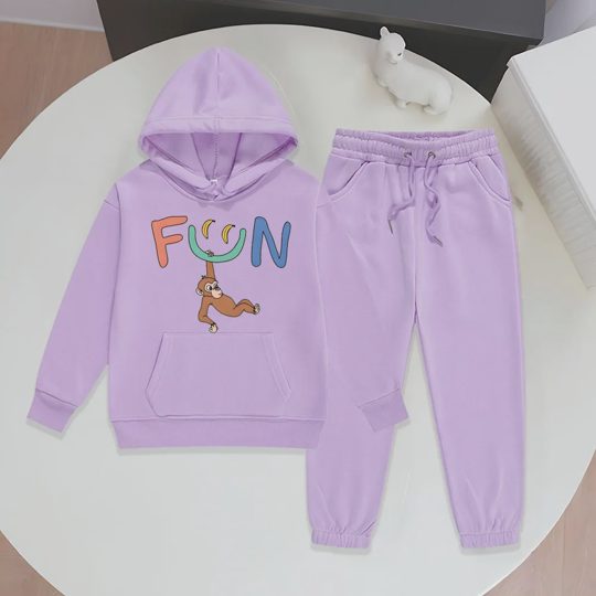 【2Y-13Y】Festive Fleece-Lined Hoodie And Jogger Set With Fun Banana Monkey Cartoon Design For Kids