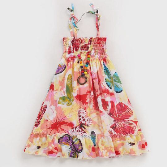 【2Y-13Y】2-piece Girls Fashion Flower And Butterfly Print Slip Bohomia Dress With Necklace - 33323