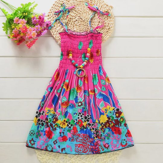 【2Y-13Y】2-piece Girls Fashion Flower And Butterfly Print Slip Bohomia Dress With Necklace - 33323