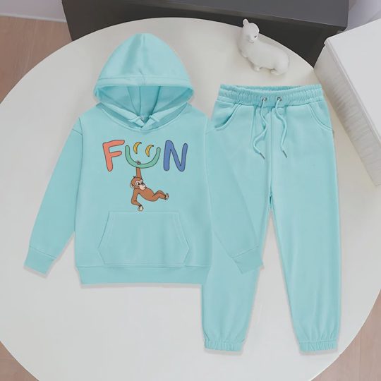【2Y-13Y】Festive Fleece-Lined Hoodie And Jogger Set With Fun Banana Monkey Cartoon Design For Kids