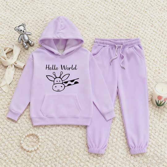 【2Y-13Y】Festive Fleece-Lined Hoodie And Jogger Set Hello World Giraffe Design For Kids