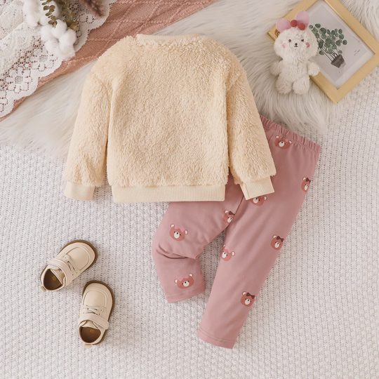 【6M-3Y】Girls Teddy Bear Embroidery Long Sleeve Fleece Top + Pants Set