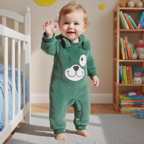 【0M-18M】Boys' Green Bear Print Long Sleeve Romper