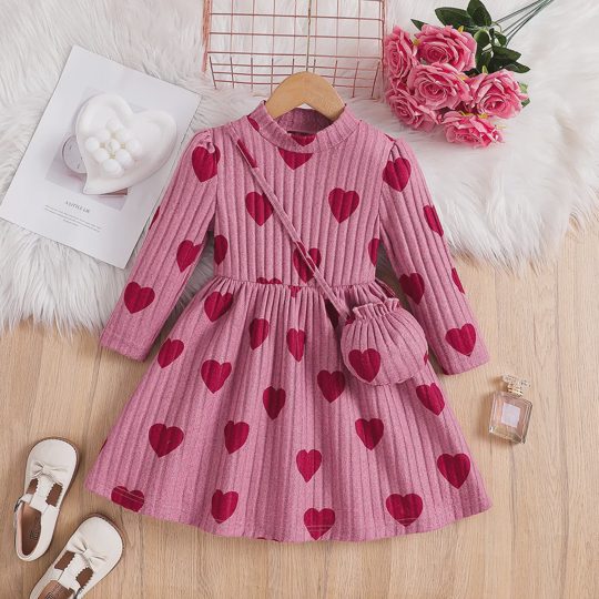 【3Y-7Y】Girls Turtleneck Heart Knit A-Line Dress With Crossbody Bag