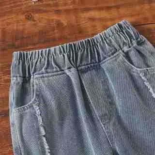 【2Y-8Y】Girls Long Sleeve Ribbed Top With Lace Trim + Fringed Denim Pants Two-piece Set