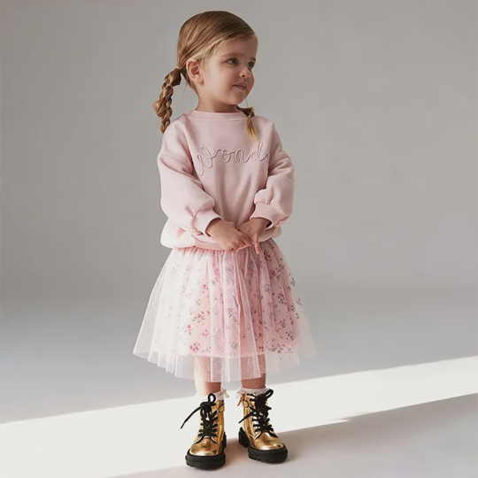 【2Y-8Y】Girls Letter Print Sweatshirt And Tulle Floral Dress 2-piece Set