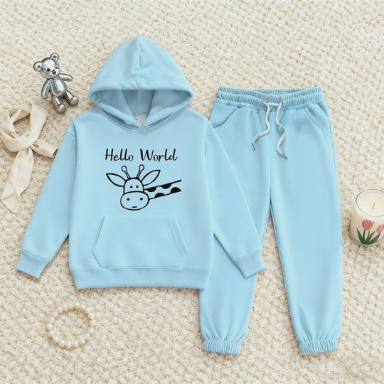 【2Y-13Y】Festive Fleece-Lined Hoodie And Jogger Set Hello World Giraffe Design For Kids