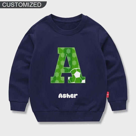 【12M-11Y】Custom Name Soccer Initial Sweatshirt For Kids - Personalized Gift For Boys