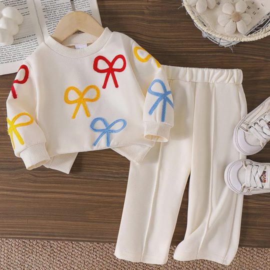【6M-3Y】Girls' Bow Appliqué Long-Sleeve Top And Straight-Leg Pants Set