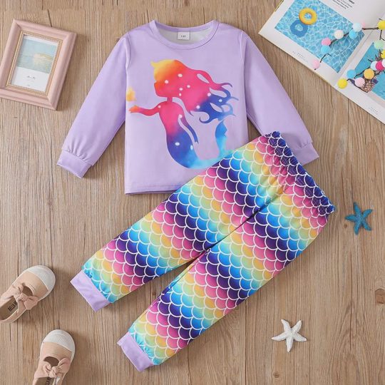 【1Y-8Y】2-piece Girls Rainbow Mermaid Print Shirt And Pants Set