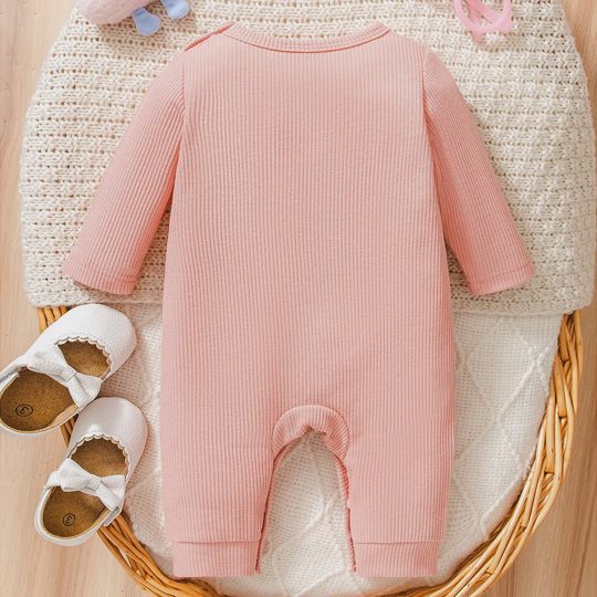 【0M-9M】Baby Girl Pink Bunny Printed Embroidered Long Sleeve Romper