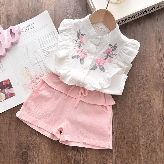 【2Y-7Y】Girls Embroidered Sleeveless Shirt And Shorts 2-Piece Set