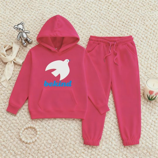 【2Y-13Y】Fleece-Lined Hoodie And Joggers Set With Be Kind Pigeon Design For Kids