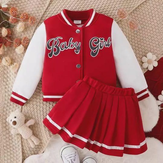 【1Y-8Y】2-piece Girls Letter Print Baseball Jacket And Skirt Set (T-shirt Not Included)