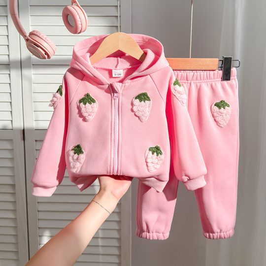 【6M-3Y】Girls' Hooded 3D Strawberry Top And Casual Pants Set