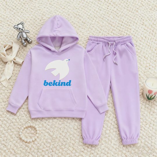 【2Y-13Y】Fleece-Lined Hoodie And Joggers Set With Be Kind Pigeon Design For Kids