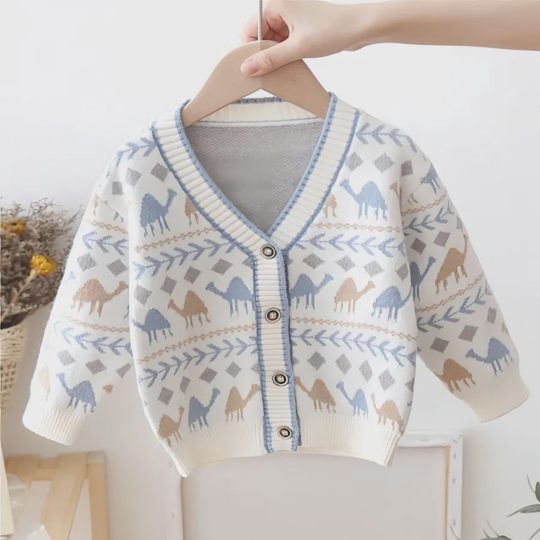 【12M-5Y】Boys Camel Pattern V-Neck Knit Cardigan