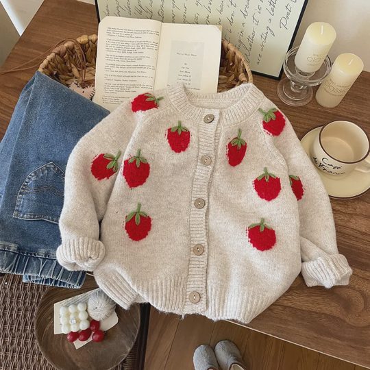 【2Y-8Y】Girls Handmade Crochet Strawberry Knit Sweater