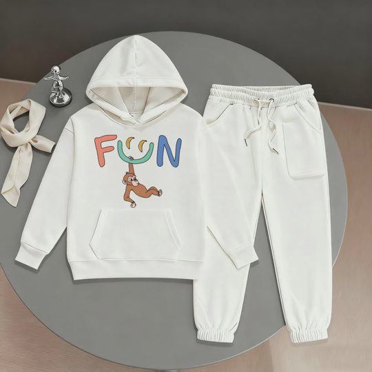 【2Y-13Y】Festive Fleece-Lined Hoodie And Jogger Set With Fun Banana Monkey Cartoon Design For Kids