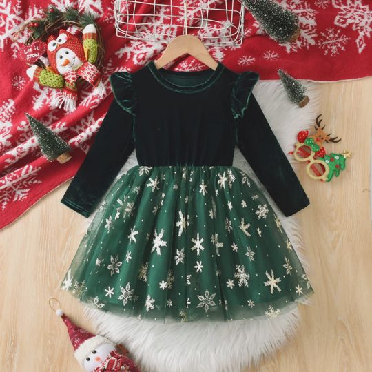【3Y-8Y】Girls' Christmas Sweet Solid Ruffled Long Sleeve Dress With Snowflake-Decorated Mesh Overlay