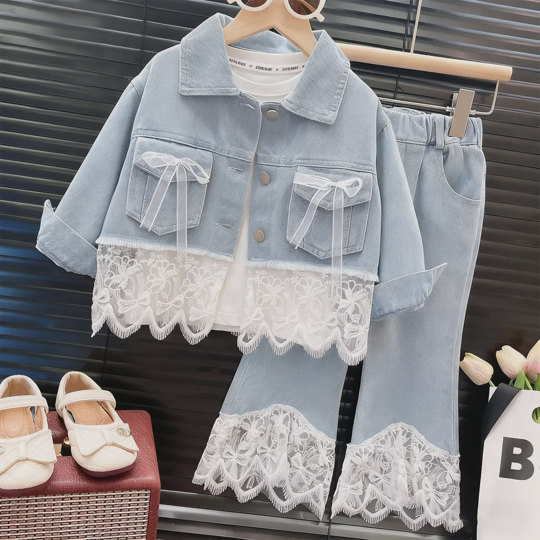 【2Y-7Y】Girls Denim Jacket With Lace Patchwork And Jeans Fashion Set