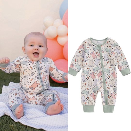 【0M-18M】Unisex Baby Cute Rabbit Print Long Sleeve Jumpsuit