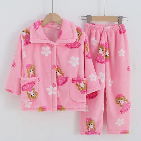 【18M-11Y】Girls Cartoon Printed Flannel Long-sleeved Pajamas Two-piece Suit - 3803