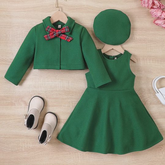 【18M-6Y】3pcs/Set Young Girl Short Jacket + Jumper Dress, Comes With Bow Beret Hat, Autumn/Winter