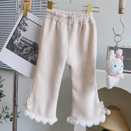 【18M-7Y】Girls Fashionable Fur Ball Design Padded Fleece Corduroy Pants