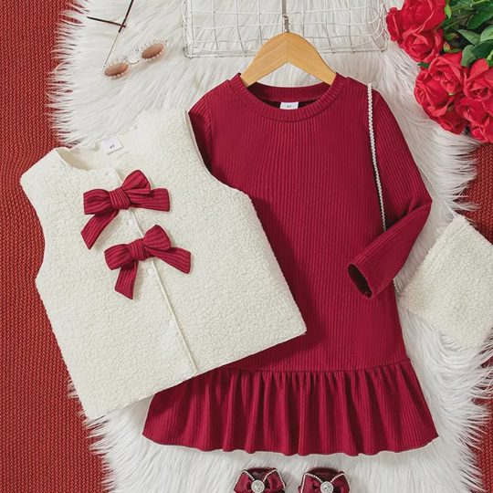 【2Y-7Y】Girls Knitted Tweed Style Dress + Plush Vest Set
