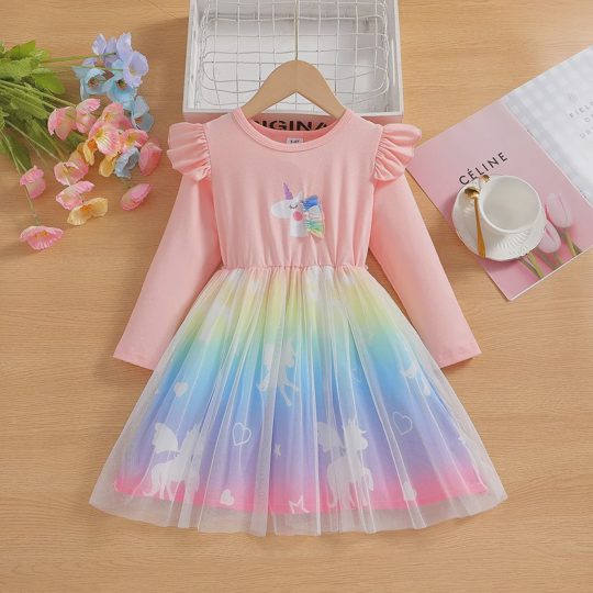 【18M-8Y】Girls Unicorn Print Mesh Long Sleeve Dress