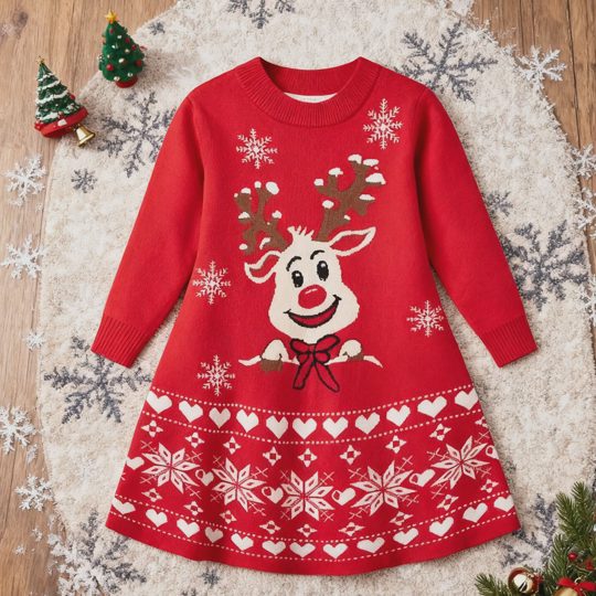 【2Y-7Y】Girls Christmas Cartoon Reindeer Knitted Dress