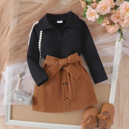 【12M-5Y】Girls Long Sleeve Collared Top And Corduroy Skirt Set