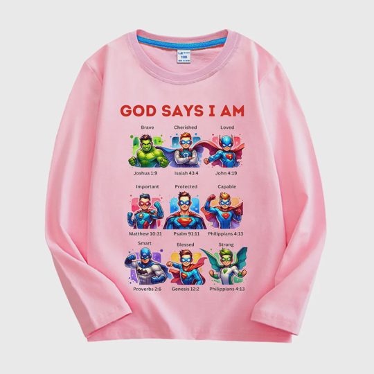 【18M-11Y】Kids Long Sleeve Tee With Superhero & Bible Quote Print