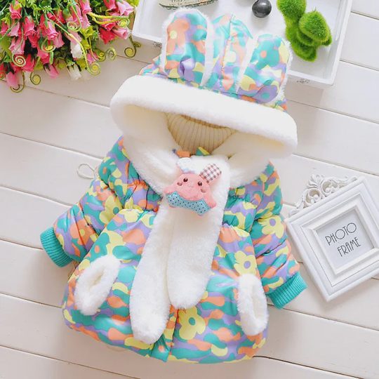 【6M-3Y】Girls Sweet Cute Rabbit Ears Hooded Cotton Jacket (Random Colors Of Accessories)