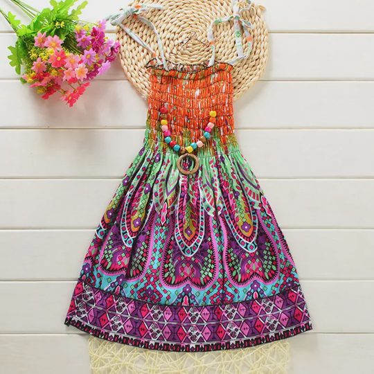 【2Y-13Y】2-piece Girls Fashion Flower And Butterfly Print Slip Bohomia Dress With Necklace - 33323
