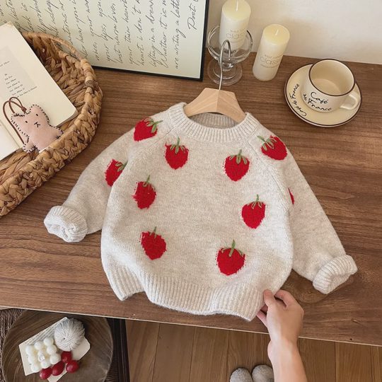 【2Y-8Y】Girls Handmade Crochet Strawberry Knit Sweater