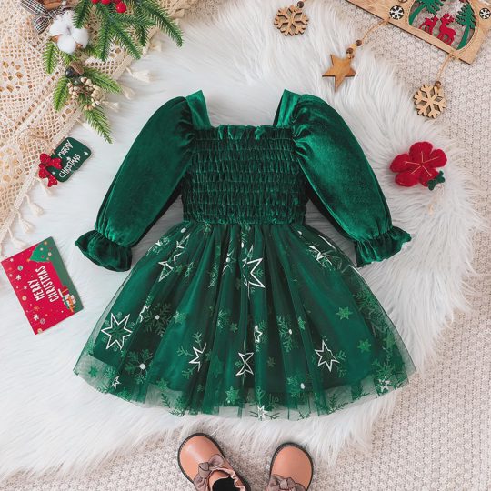 【9M-5Y】Girls Christmas Cable-Knit Puff Sleeve Patchwork Mesh Dress