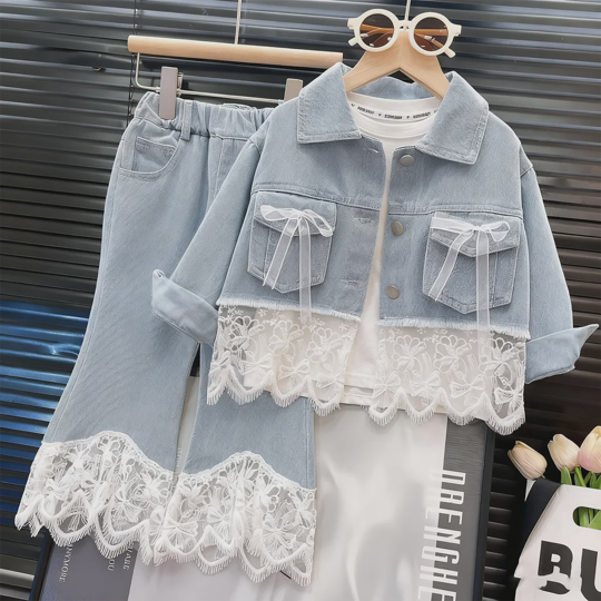 【2Y-7Y】Girls Denim Jacket With Lace Patchwork And Jeans Fashion Set