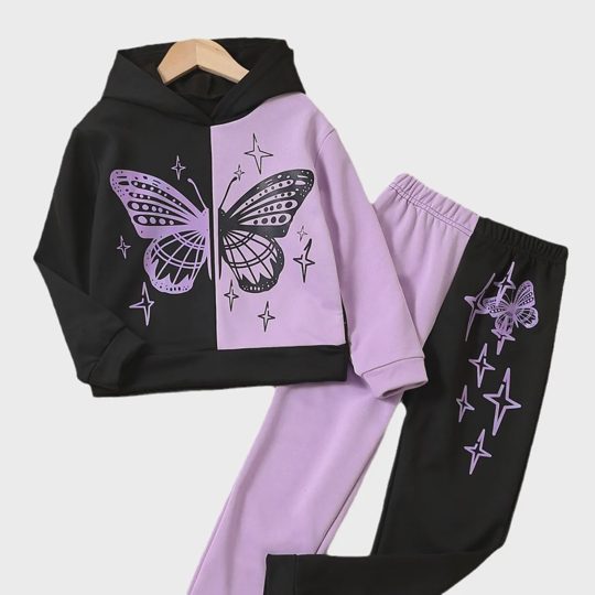 【2Y-8Y】2-piece Girls Butterfly Print Hoodie And Pants Set