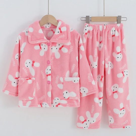 【18M-11Y】Girls Cartoon Printed Flannel Long-sleeved Pajamas Two-piece Suit - 3803