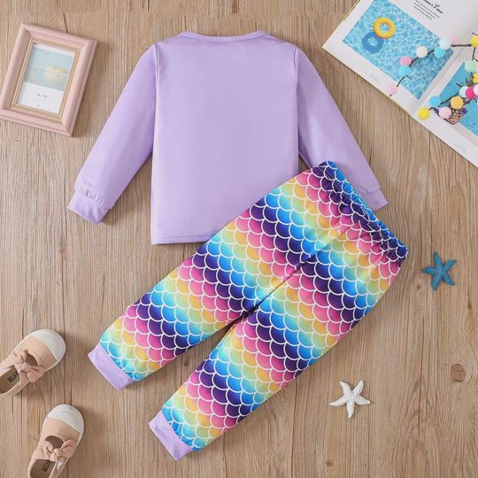【1Y-8Y】2-piece Girls Rainbow Mermaid Print Shirt And Pants Set