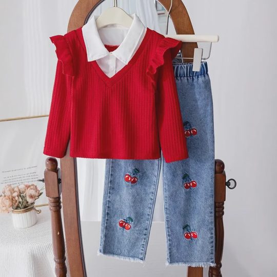 【2Y-7Y】Girls Ruffled Knitted Patchwork Collar Top + Embroidered Denim Pants Set