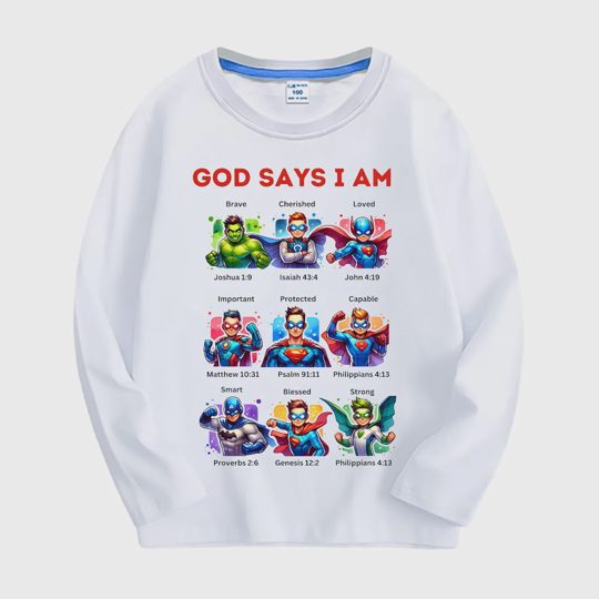【18M-11Y】Kids Long Sleeve Tee With Superhero & Bible Quote Print