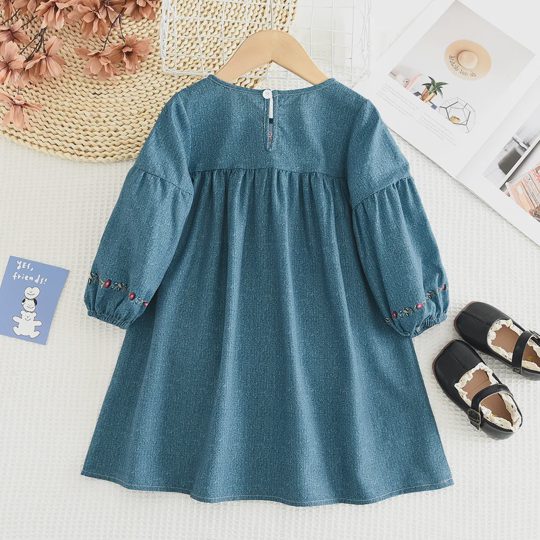 【2Y-7Y】Girls Floral Print Round Neck Long Sleeve Blue Dress