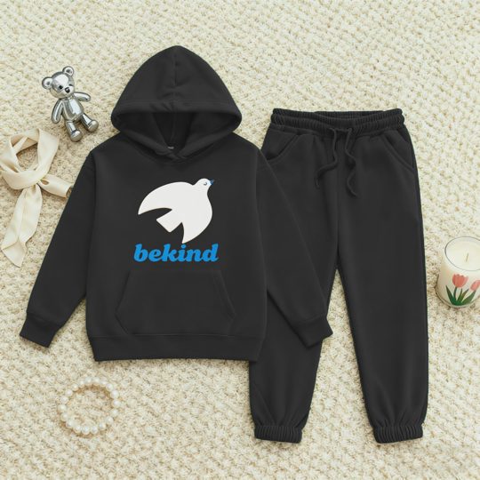【2Y-13Y】Fleece-Lined Hoodie And Joggers Set With Be Kind Pigeon Design For Kids