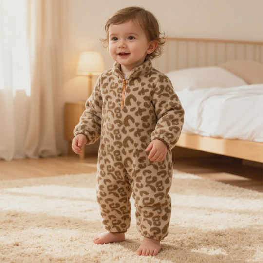 【3M-24M】Unisex Long Sleeve Leopard Print Double-Sided Fleece Warm Jumpsuit