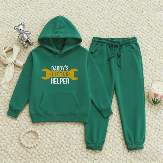 【2Y-13Y】Fleece-Lined Hoodie And Joggers Set With Daddy's Little Helper Design For Kids