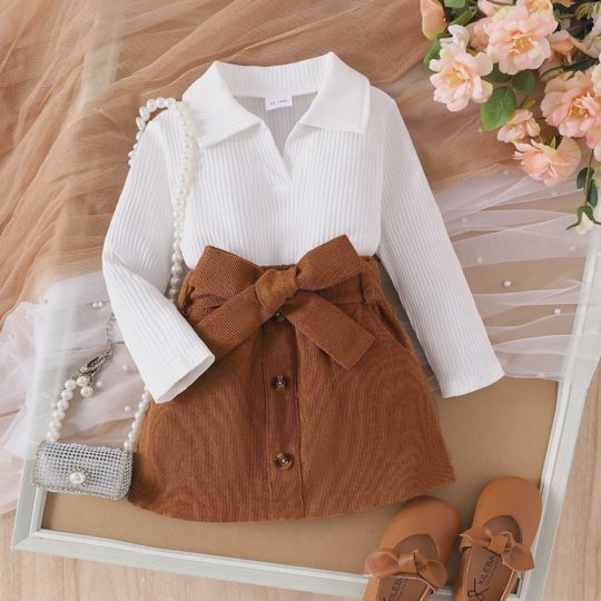 【12M-5Y】Girls Long Sleeve Collared Top And Corduroy Skirt Set