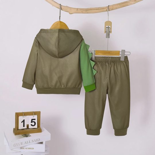 【6M-3Y】Boys Fleece Hooded Dinosaur Print Zip-Up Long Sleeve Top & Pants